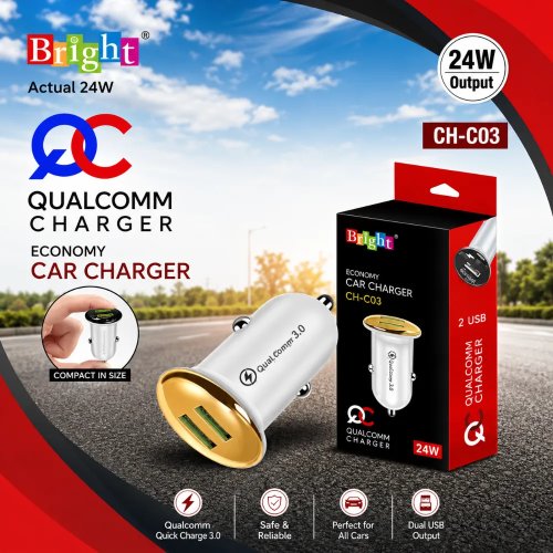 Bright CH-C03 24W Dual Port Car Charger | Quick Charge 3.0 Fast USB Charger Manufacturers, Wholesale Suppliers in Baghpat